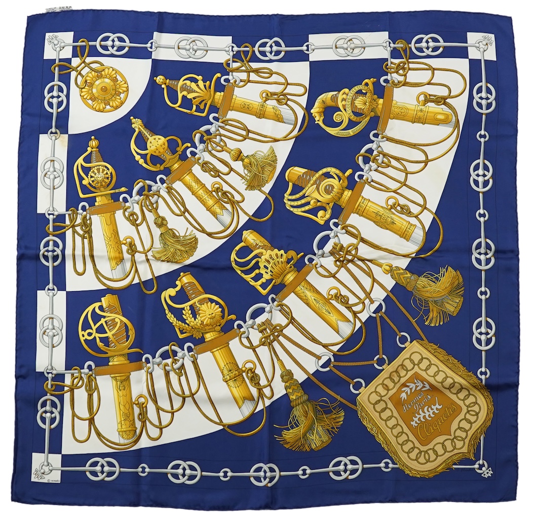 A Hermes navy Cliquetis silk scarf by Julia Abadie with box and Christmas outer box. 90 x 90cm